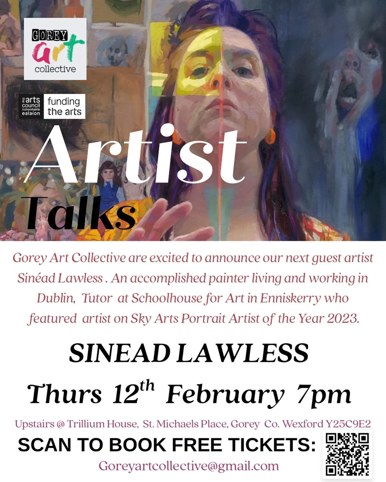 Gorey Art Collective are excited to announce our next guest artist Sin&eacute;ad Lawless. An accomplished painter living and working in Dublin, Tutor at Schoolhouse for Art in Enniskerry who featured artist on Sky Arts Portrait Artist of the Year 202