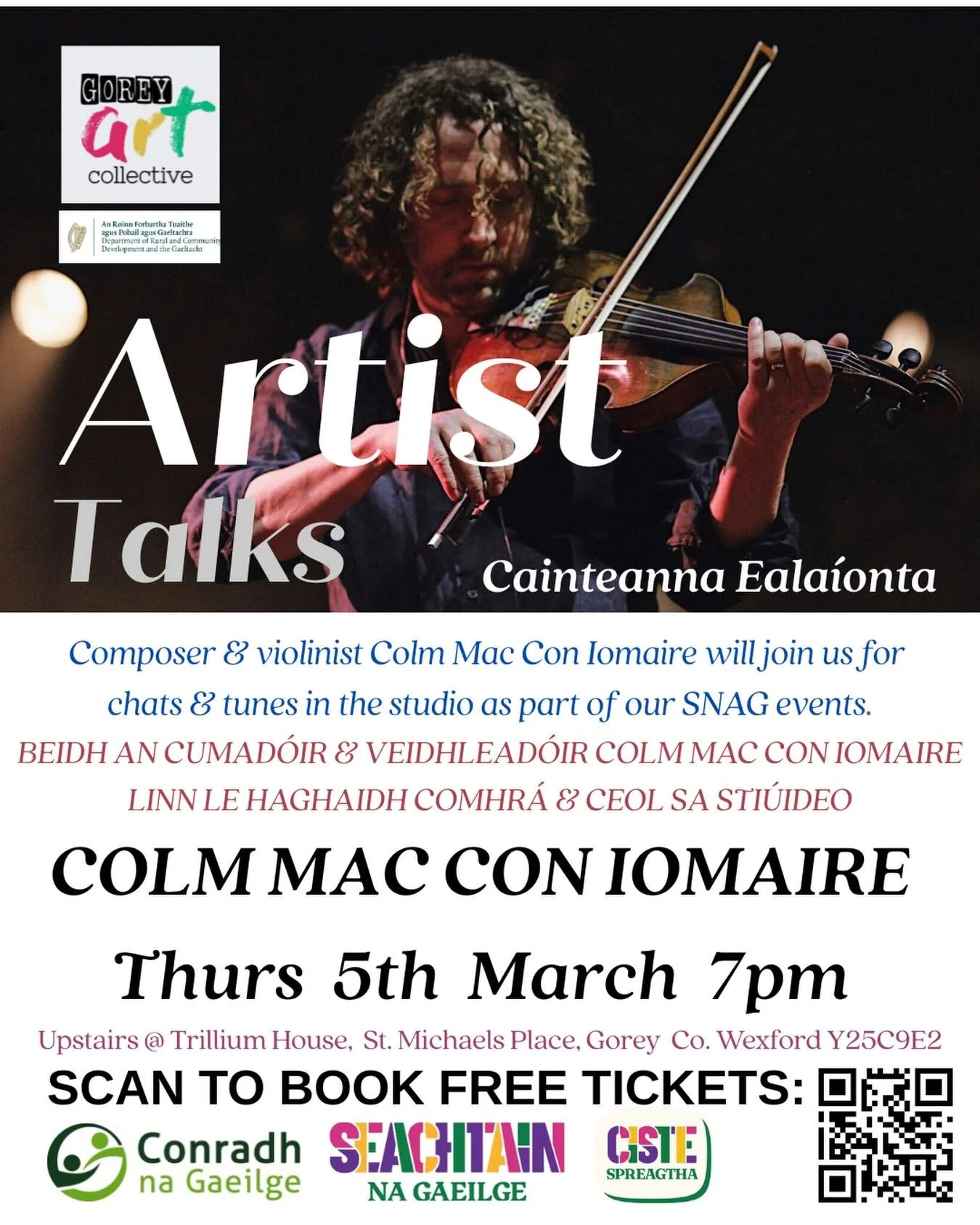 Our next artist talk will be a bilingual event with composer, violinist &amp; founding member of The Frames &amp; Kila, Colm Mac Con Iomaire as part or our Seachtain na Gaeilge series of events! Watch this space for more announcements 👀 BEIDH AN CUM