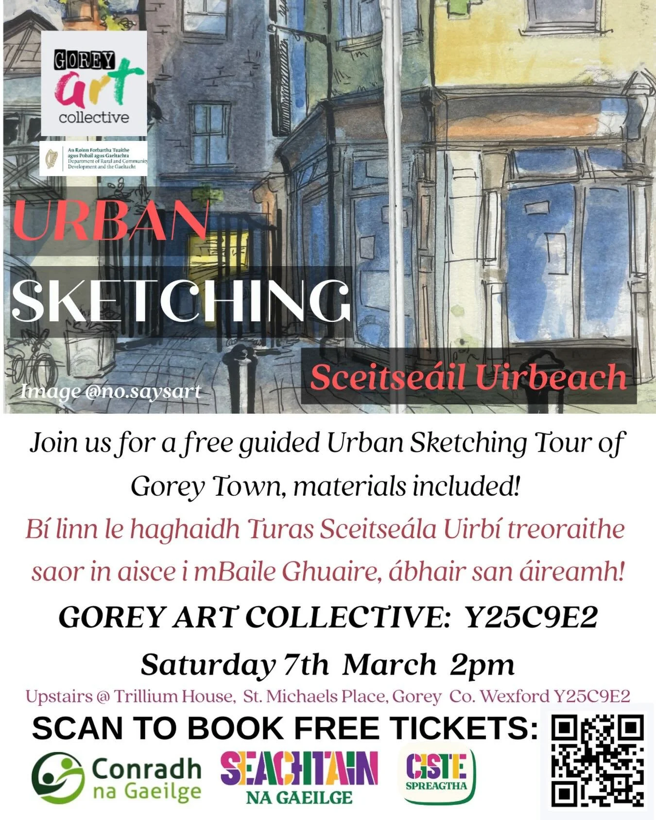 To wrap up our series of free Seachtain na Gaeilge events we&rsquo;re hosting a guided urban sketching walk with @nichleirighbrid and @no.saysart that will include a complimentary materials pack! Places limited so be sure to sign up with the QR link 