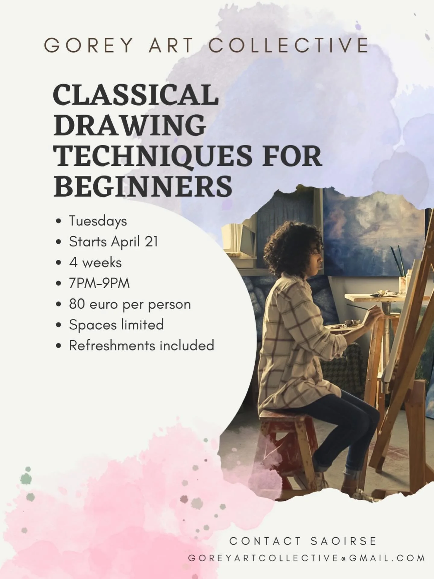 New workshop at Gorey Art Collective Studios: CLASSICAL DRAWING
TECHNIQUES FOR BEGINNERS
&bull; Tuesdays
&bull; Starts April 21
&bull; 4 weeks
&bull; 7PM-9PM
&bull; 80 euro per person
&bull; Spaces limited
&bull; Refreshments included
CONTACT SAOIRSE