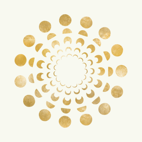 A circular pattern of gold-colored crescent and circle shapes arranged in a spiral design on a light background.