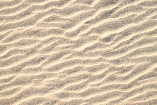 Close-up of textured sand with evenly spaced, rippled patterns.