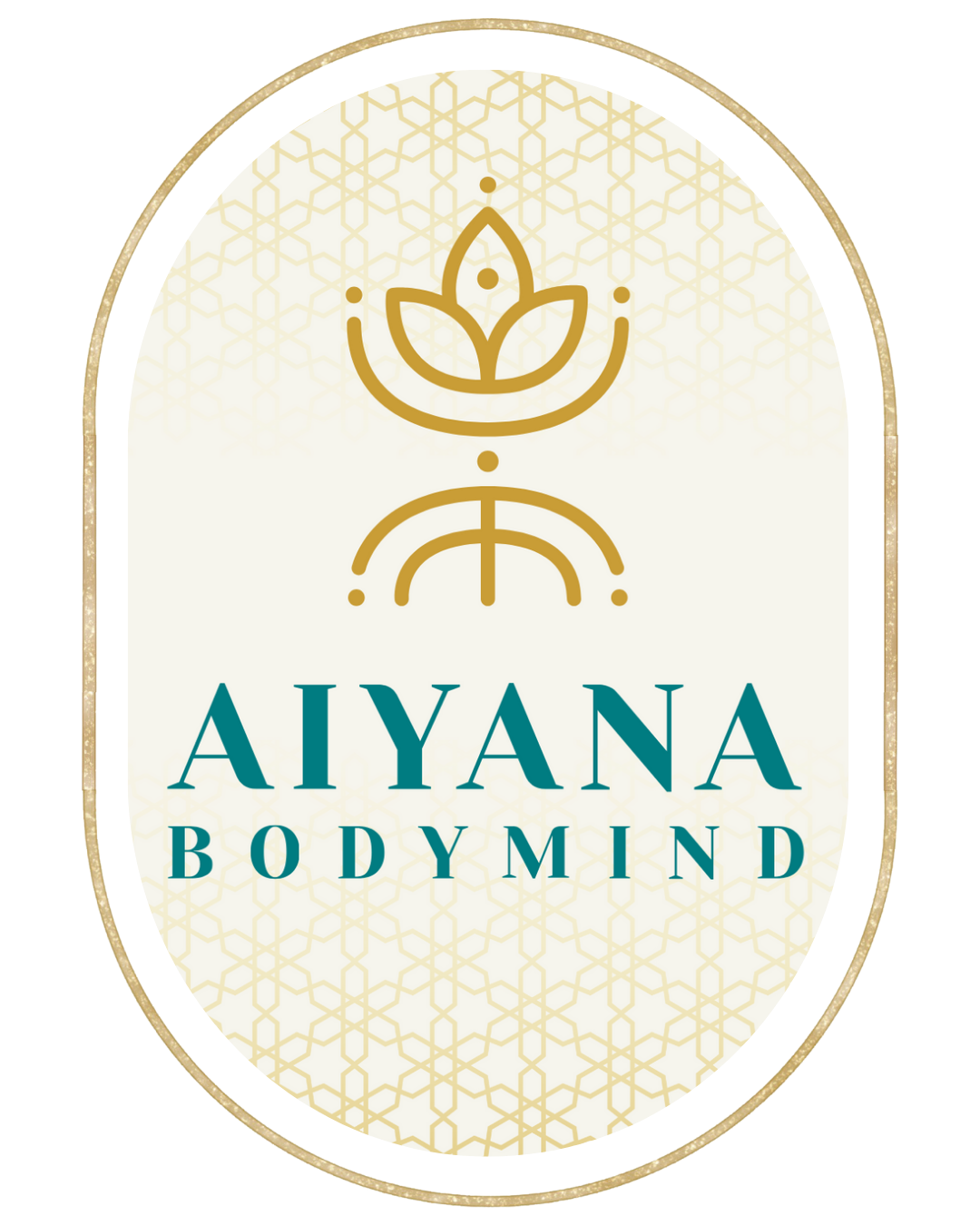 Logo for AIYANA Body Mind with a lotus flower and geometric design above the text, on a cream background with gold border.