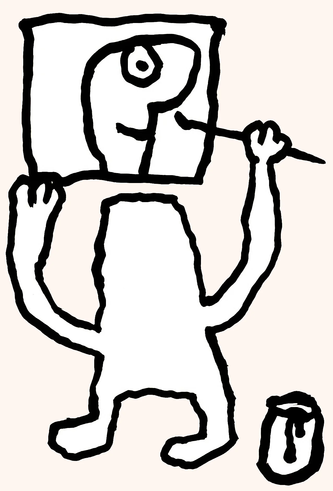 A child-like drawing of a person holding a paintbrush, with a can of paint nearby, all outlined in black on a light background.
