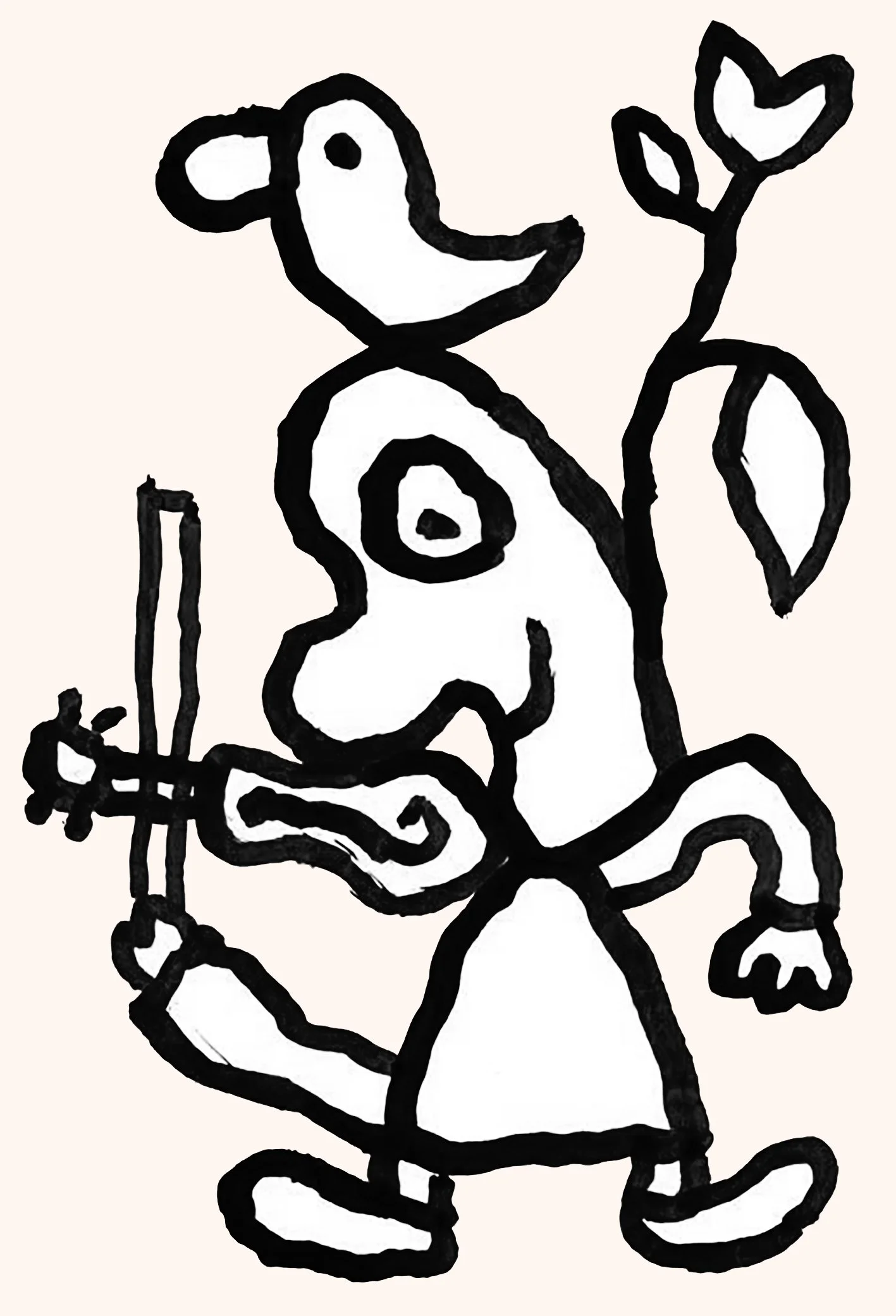 A black and white abstract drawing of a cartoonish creature with a head, body, arms, and legs. The creature has a plant growing from its back and is holding a pole with a small figure climbing it.