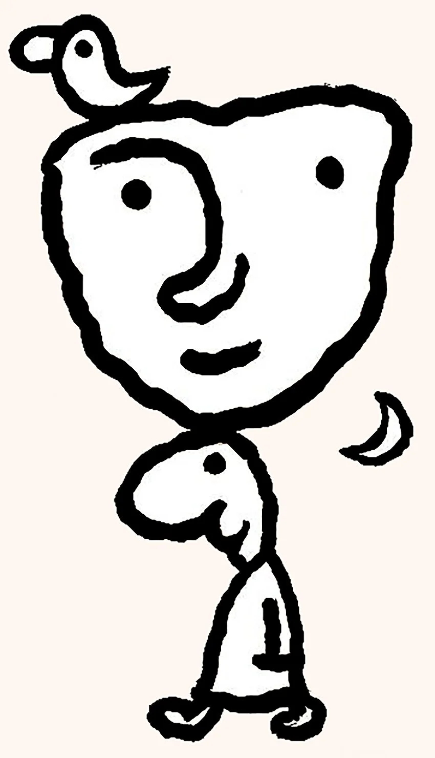 A black and white line drawing of a cartoon girl with a large head, a small body, and a sleep moon in the background.