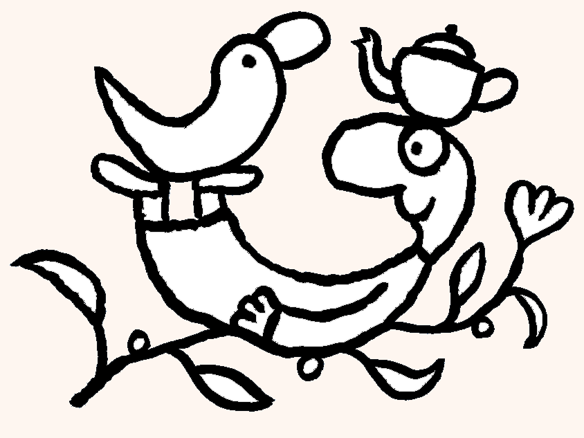 Line drawing of a crocodile with a bird on its nose and a teapot on its head, sitting on a vine-like branch with leaves and a heart.