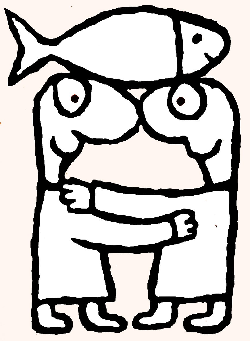 A black outline drawing of a fish wearing glasses and a poncho, with two humanoid figures beneath it, all outlined in black on a light background.