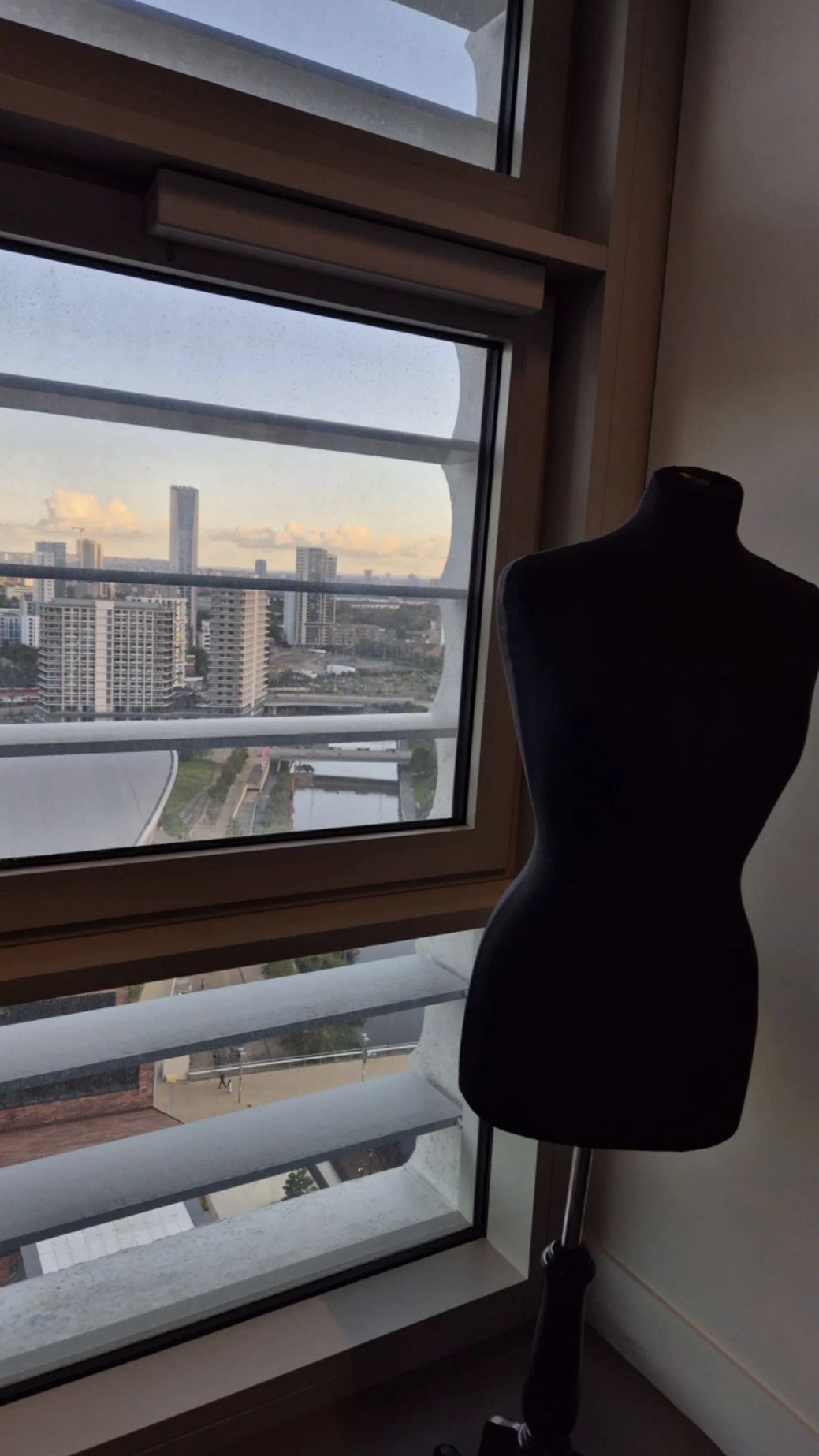 View of a city skyline through a window, with a mannequin torso on a stand in the foreground inside a room.