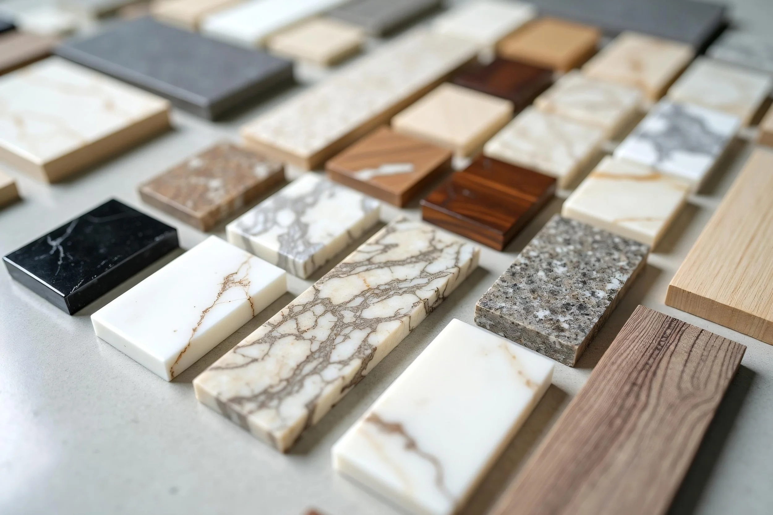 A variety of marble and wood sample tiles arranged on a surface for selection.