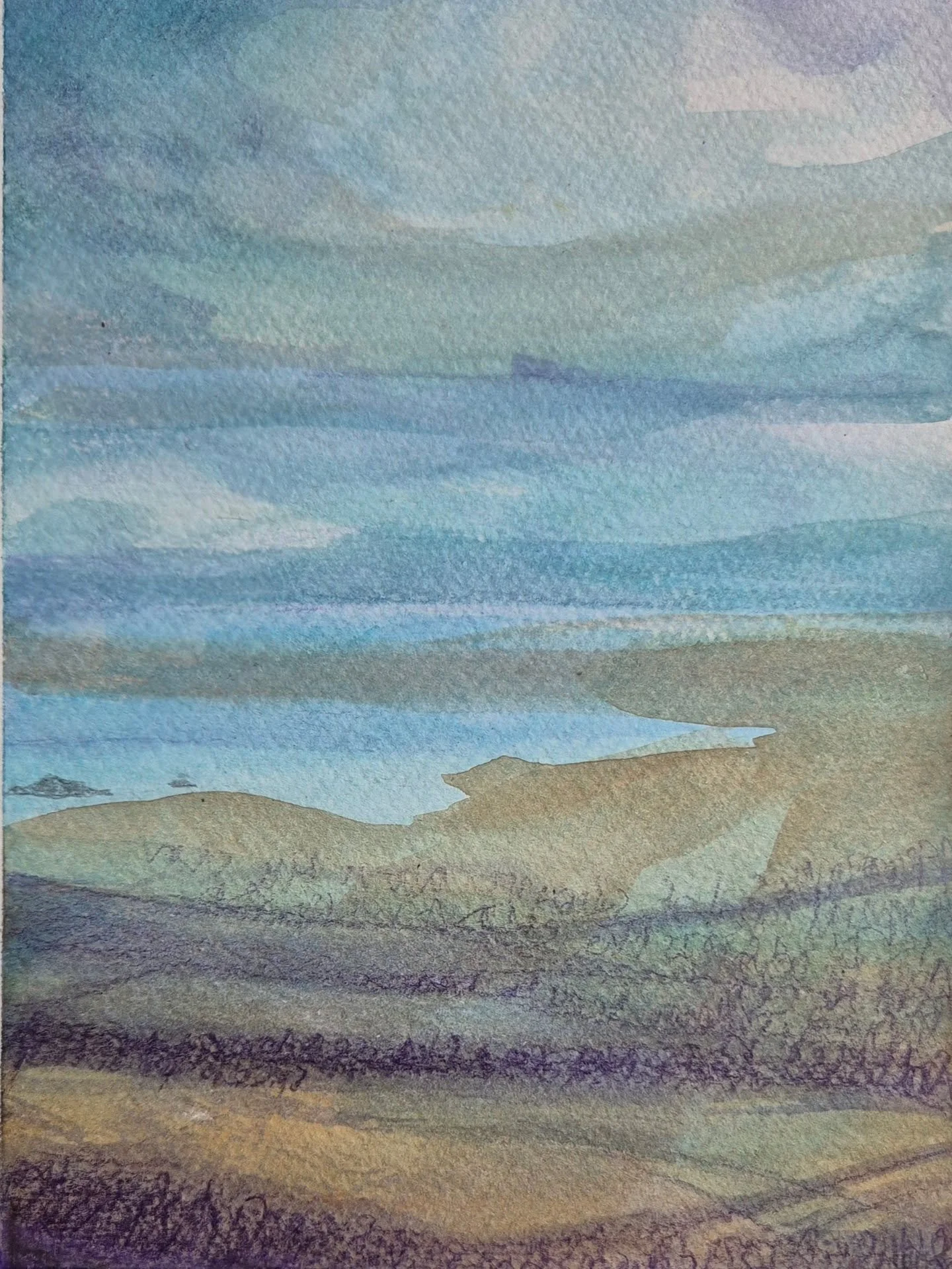 East Lothian Coastal Study IIi
Watercolour, inks &amp; oil based pencil

This is one of my 10 contributions to the Postcards at the Line exhibition.
Postcards at the Line Gallery is on until 23/11/25. - over 300 works with prices up to &pound;100. Al