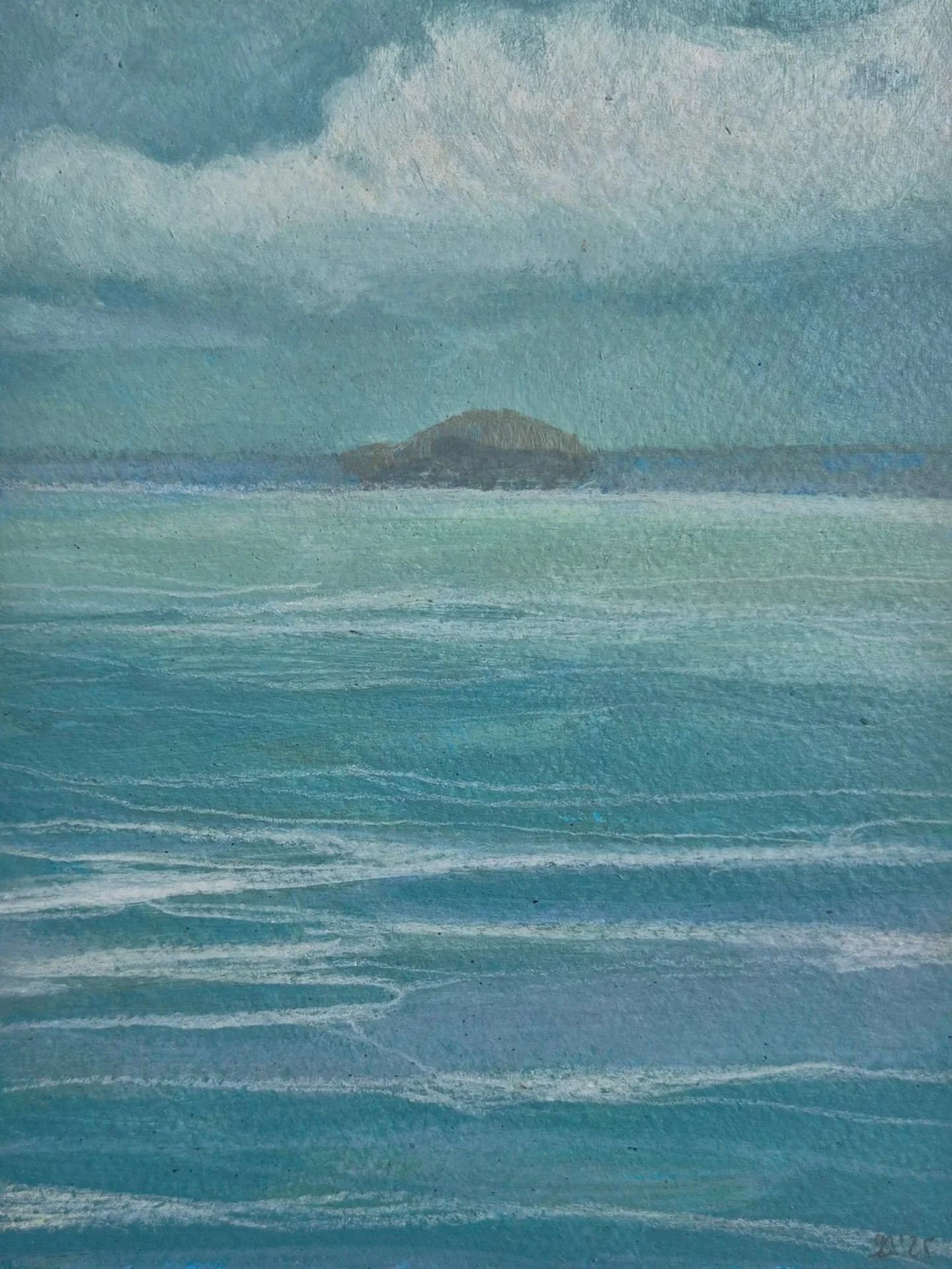 Bass Rock, East Lothian
Acrylics &amp; oil based pencil

This is one of my 10 contributions to the Postcards at the Line exhibition.
Postcards at the Line Gallery is on until the 23rd November - over 300 works with prices up to &pound;100. All 5&quot