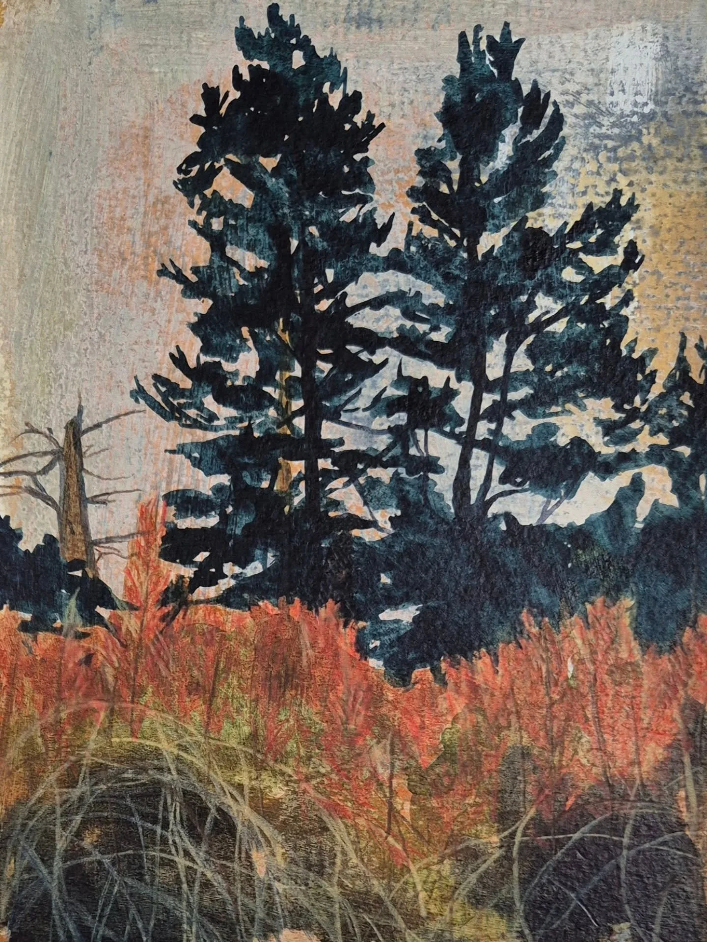 Beecraigs Autumn Study I. Acrylics, inks &amp; oil-based pencil.

This is the last  post of my 10 artworks in the Postcards at the Line exhibition. 
Postcards at the Line Gallery is on until the 23rd November - over 350 works with prices up to &pound