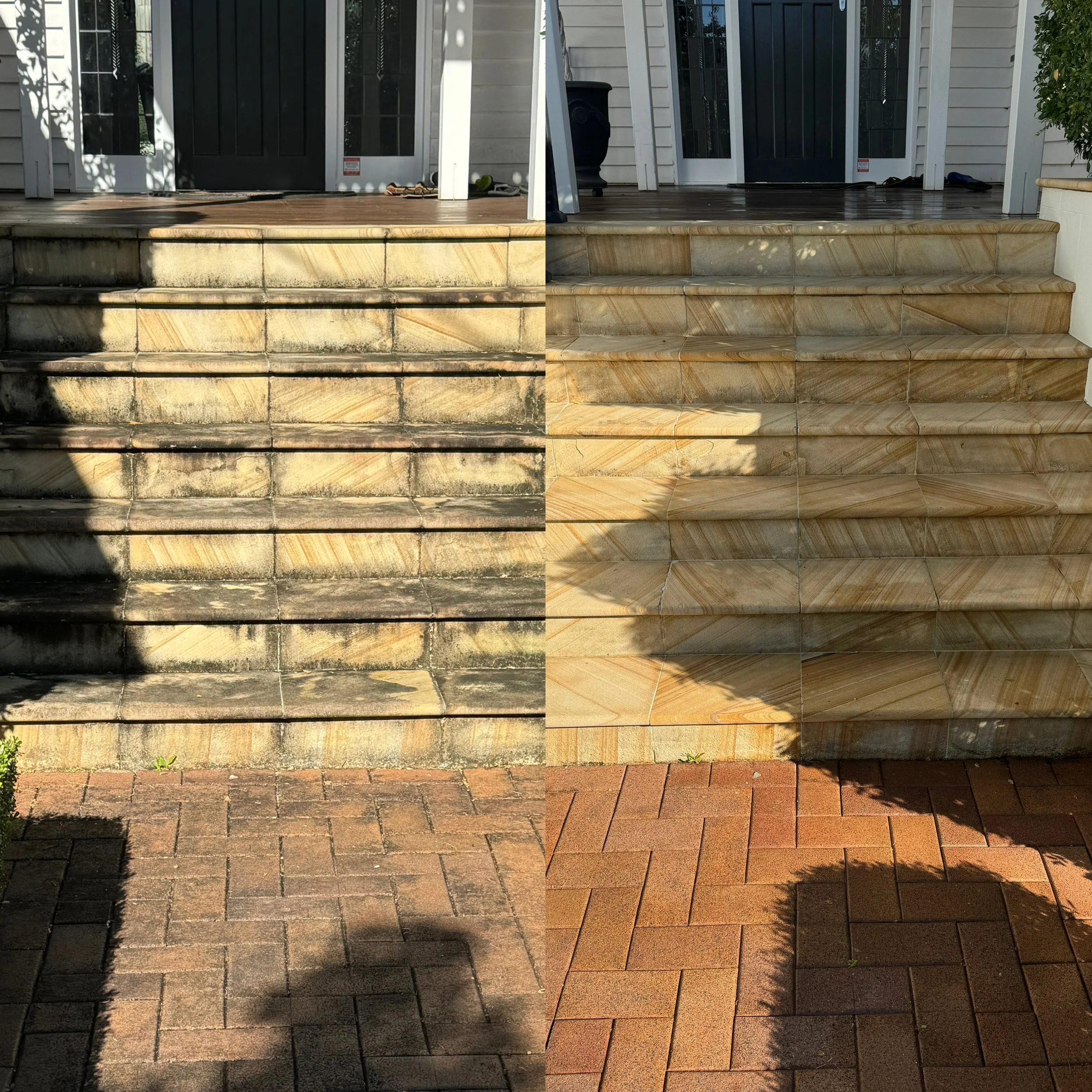 Comparison of outdoor steps before and after cleaning, showing dirty, stained concrete steps on the left and clean, polished stone steps on the right, with a brick pathway below.