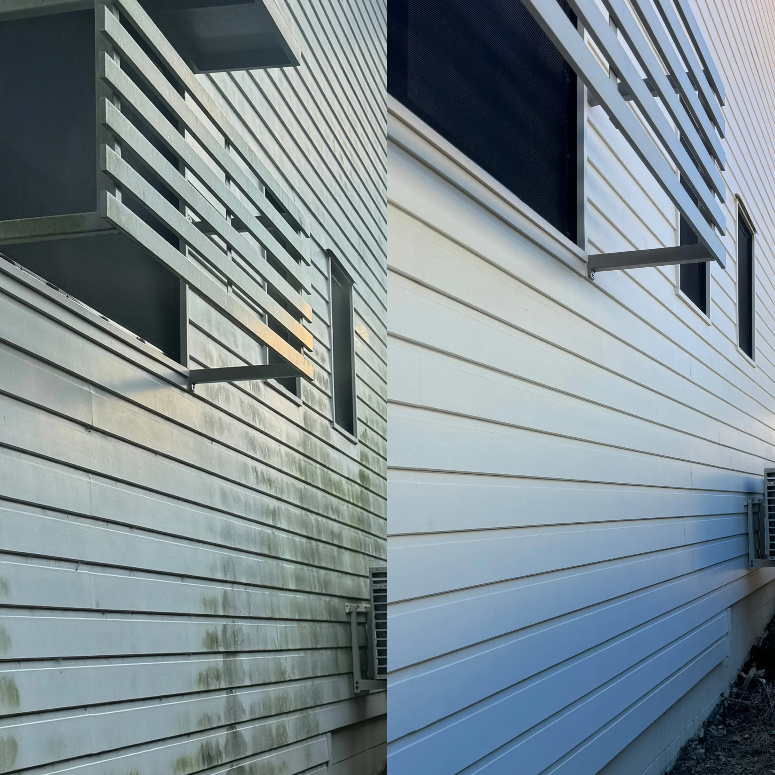 Comparison of house siding before and after cleaning, showing dirty, moldy siding on the left and clean, bright siding on the right.