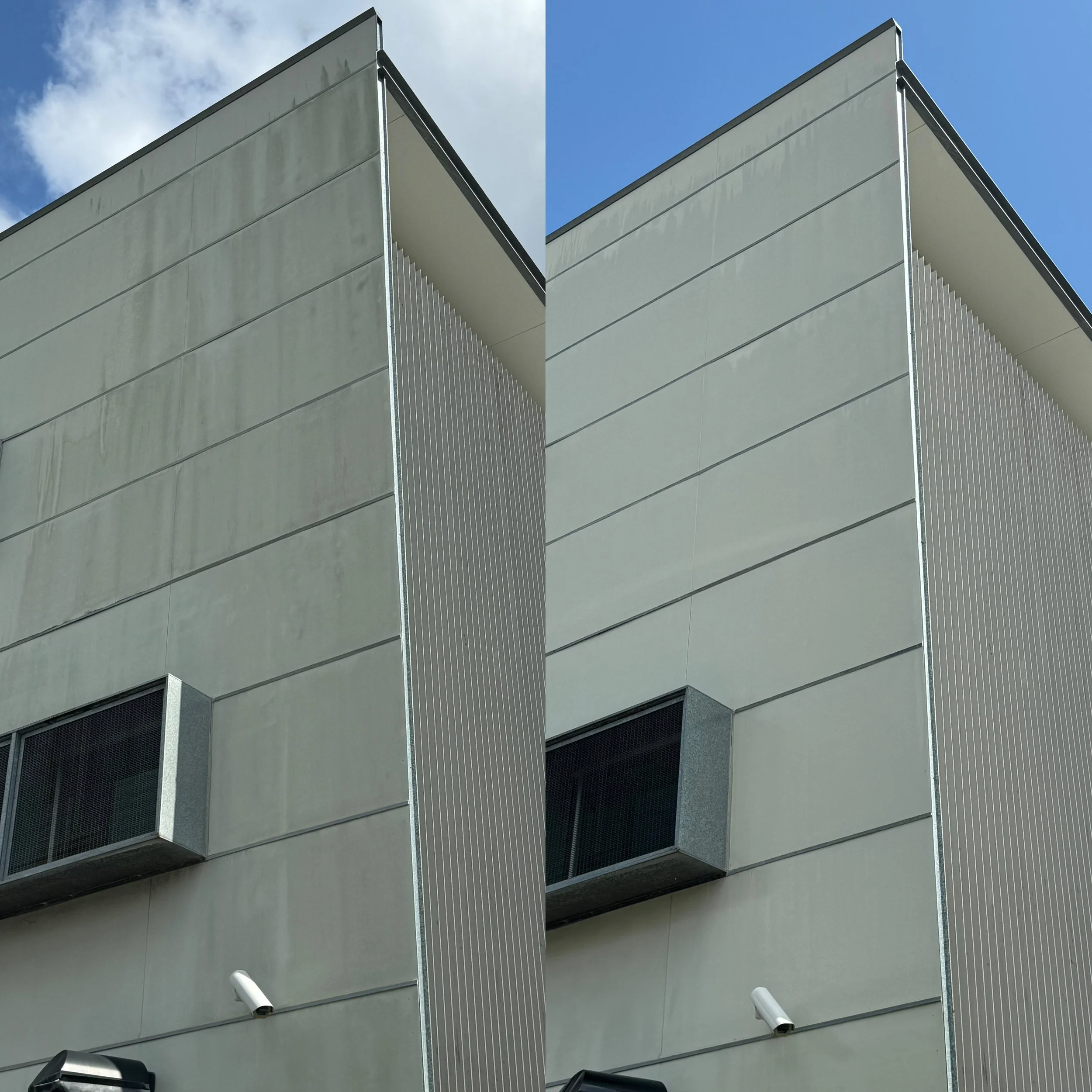 Side view of a modern building with a ventilation unit and surveillance camera, showing a comparison of the same building with different lighting conditions.