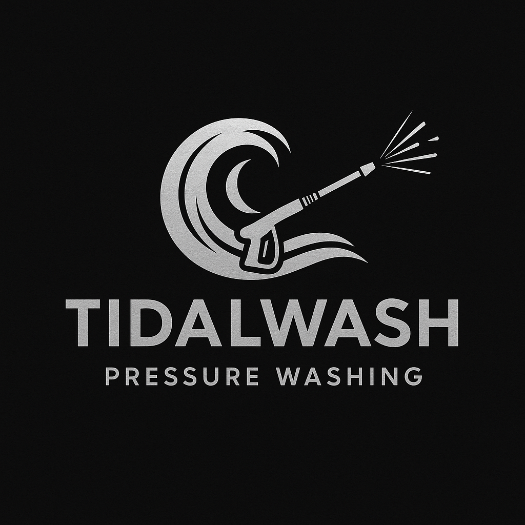 Logo for Tidalwash Pressure Washing featuring a stylized wave and pressure washer spray with text.