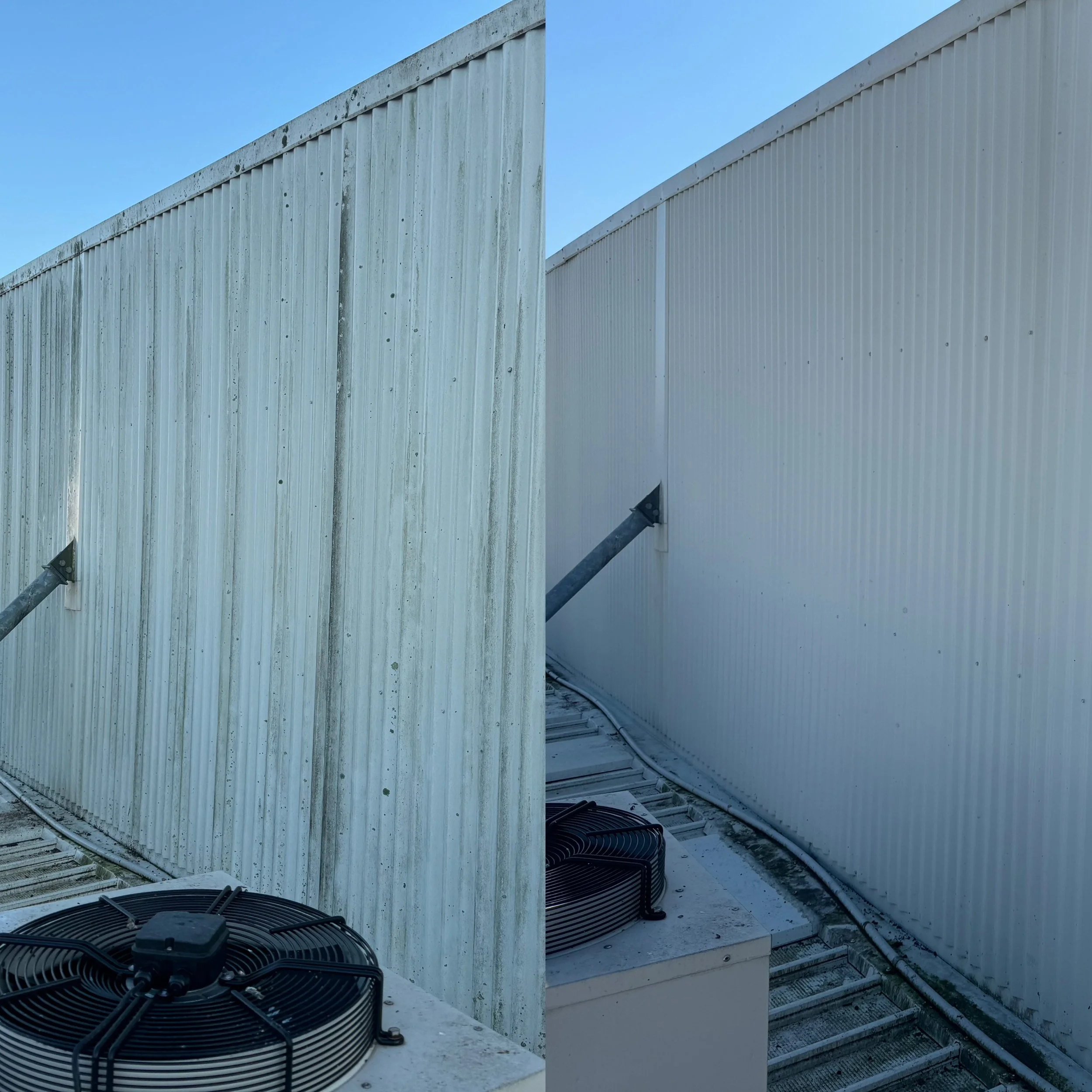 Comparison of two air conditioning units and exterior wall panels, showing a dirty and weathered panel on the left and a clean, new panel on the right.
