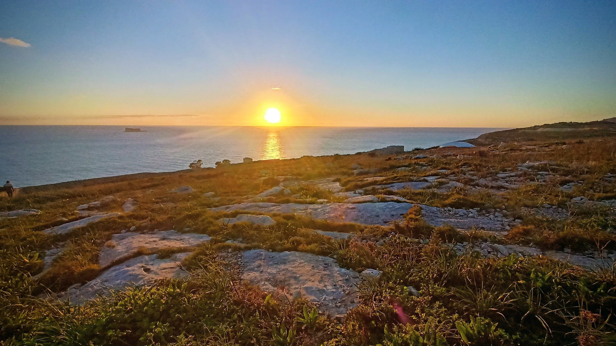 Sunset over the ocean viewed from a rocky hillside with sparse grass and plants.