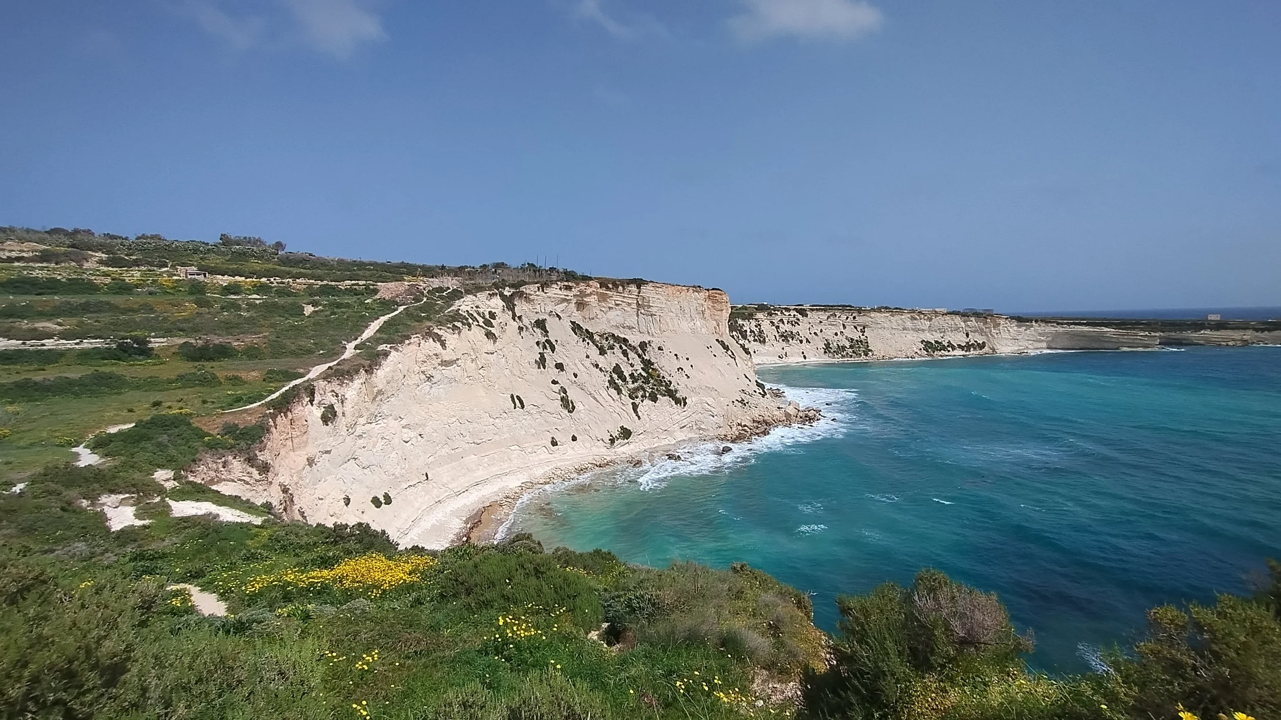 Cliffs along a turquoise sea under a blue sky with green vegetation in the foreground.