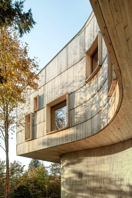 Close-up of a modern house with curved wooden exterior, multiple rectangular windows, and surrounded by trees with autumn leaves.