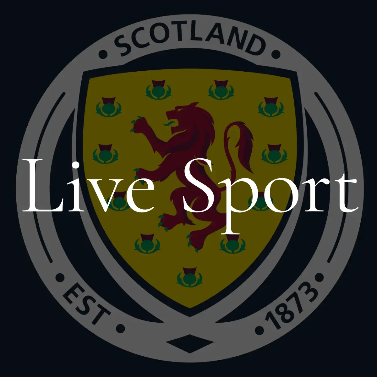 A logo of Scotland Football Association with a heraldic shield featuring a red lion and thistles, and the words "Live Sport" overlayed.