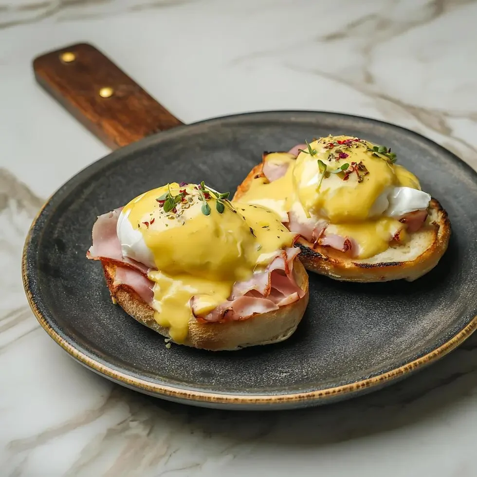 Two Eggs Benedict on toasted English muffins with ham, topped with hollandaise sauce and garnished with microgreens and red pepper flakes, served on a dark ceramic plate.