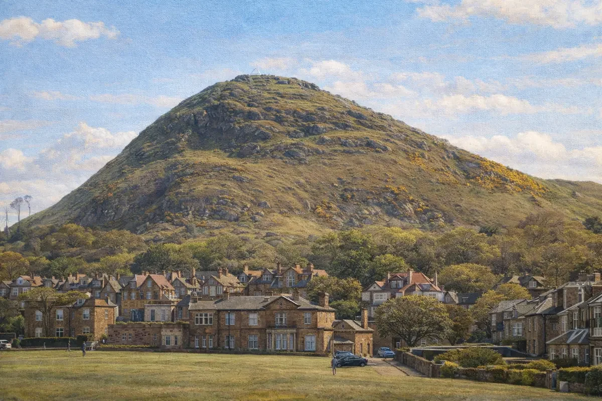 A large, rocky hill with sparse vegetation behind a residential neighborhood with brick houses and a wide grassy field in the foreground