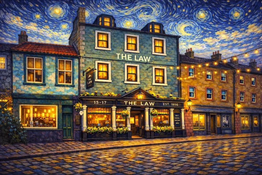 A painted scene resembling Van Gogh's Starry Night depicting a street view of a pub called 'The Law' with illuminated windows and hanging lights, under a swirling night sky.
