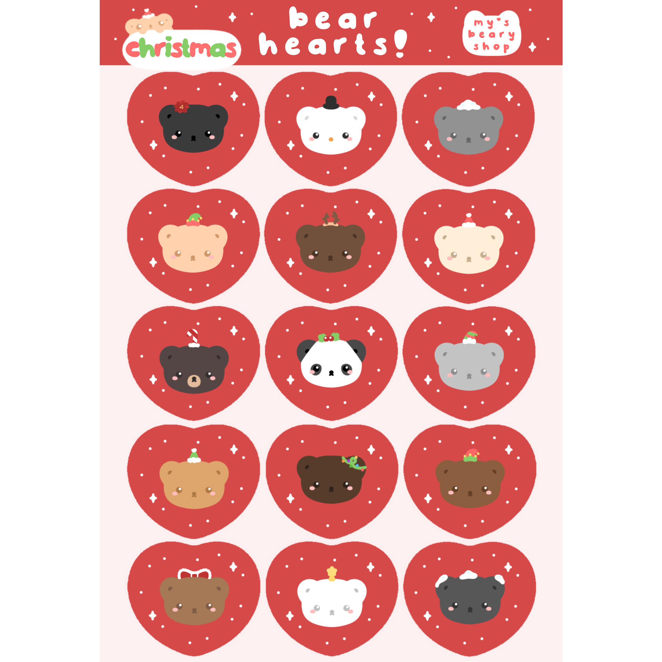 Christmas Bear Hearts Sticker Sheet