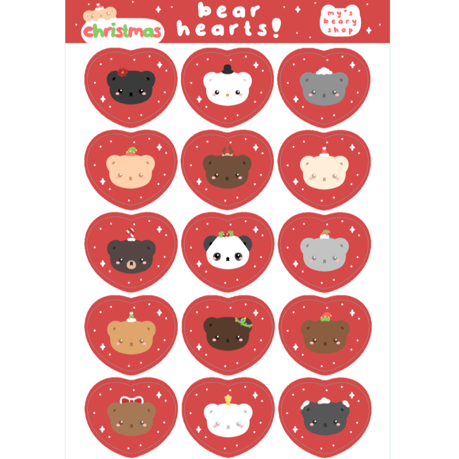 Christmas Bear Hearts Sticker Sheet