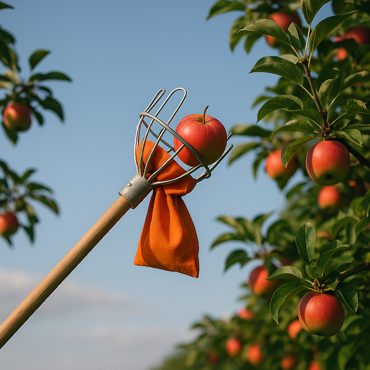 Apple orchard with a gardening tool removing an apple from a tree, with an orange cloth tied to it for collection, under a clear blue sky.