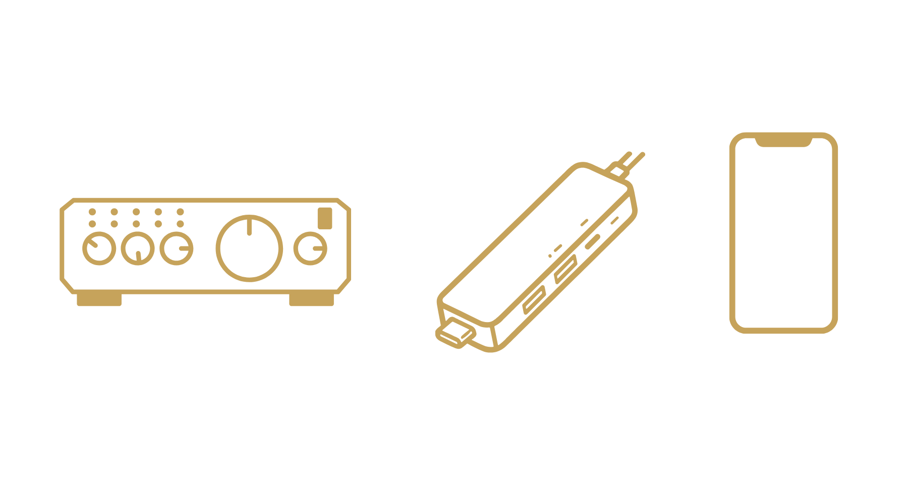 Line art illustration of a music mixer, a wireless microphone, and a smartphone in gold color.