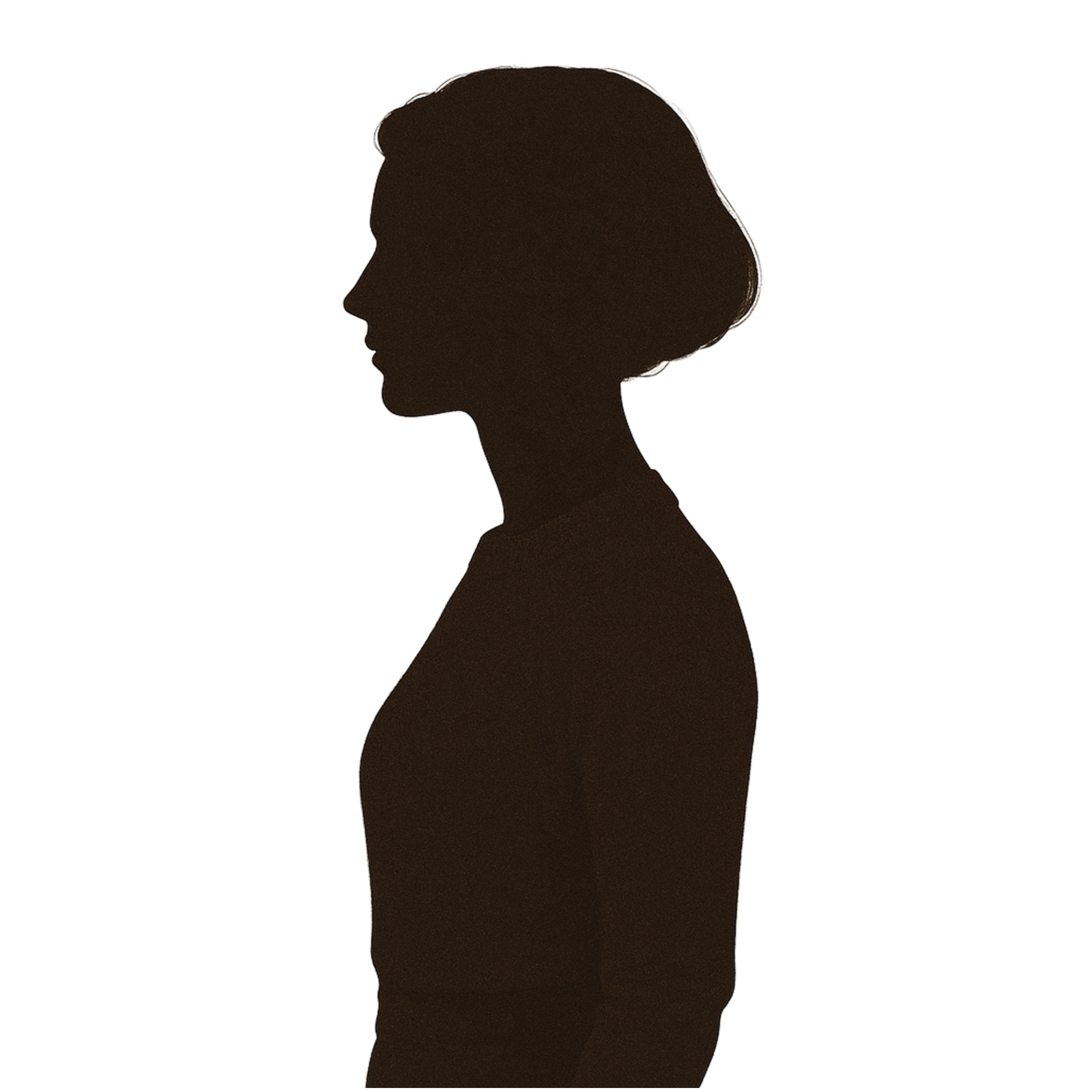 Silhouette of a woman with short hair in profile, standing against a white background.
