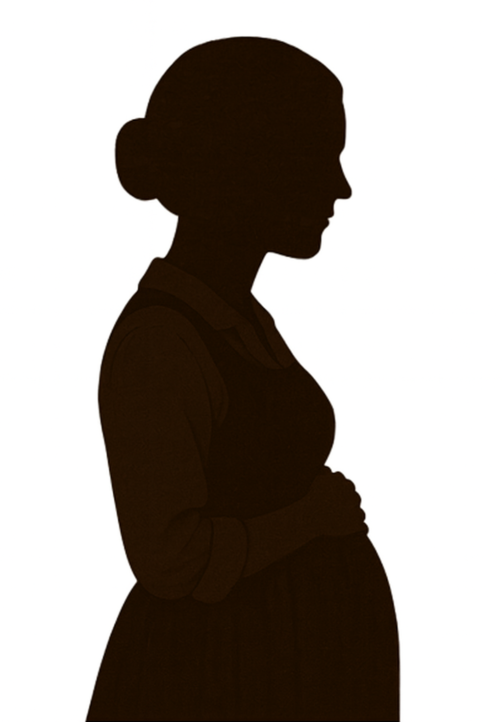 Silhouette of a pregnant woman with her hair in a bun, facing to the right.