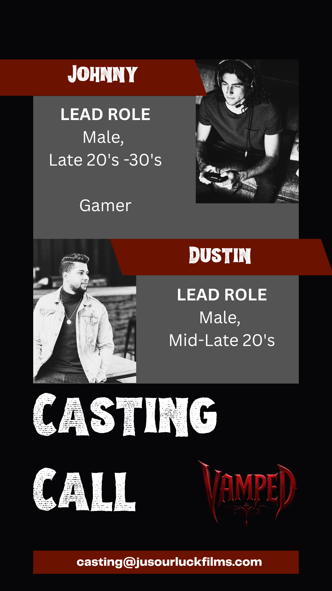 Casting call poster for Vampired shows two male actors, Johnny and Dustin, with their roles, ages, and photos, and a contact email for casting.