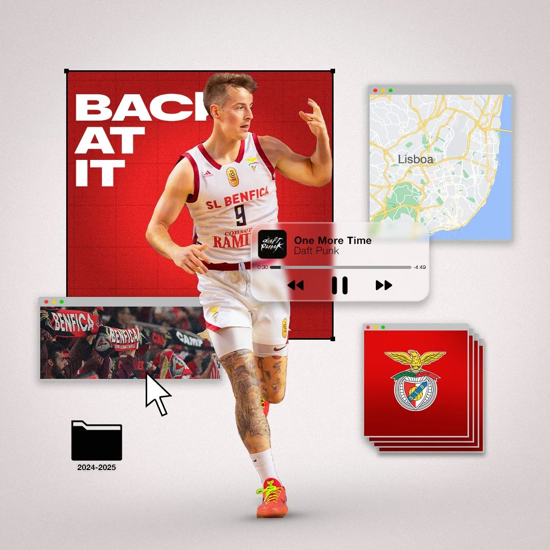 A digital collage featuring a basketball player from SL Benfica, a map of Lisbon, a music player playing Daft Punk's "One More Time," a photograph of Benfica fans, and a folder labeled "2024-2025."