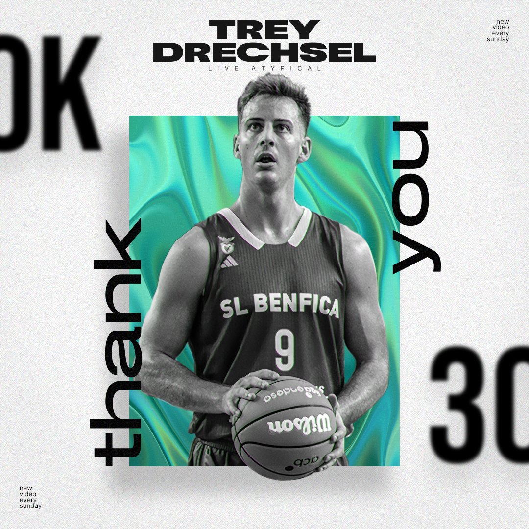A promotional poster featuring a basketball player in a SL Benfica jersey holding a basketball, with stylized green and blue background, and text mentioning Trey Drechsel, live typical, and a schedule for Sundays.