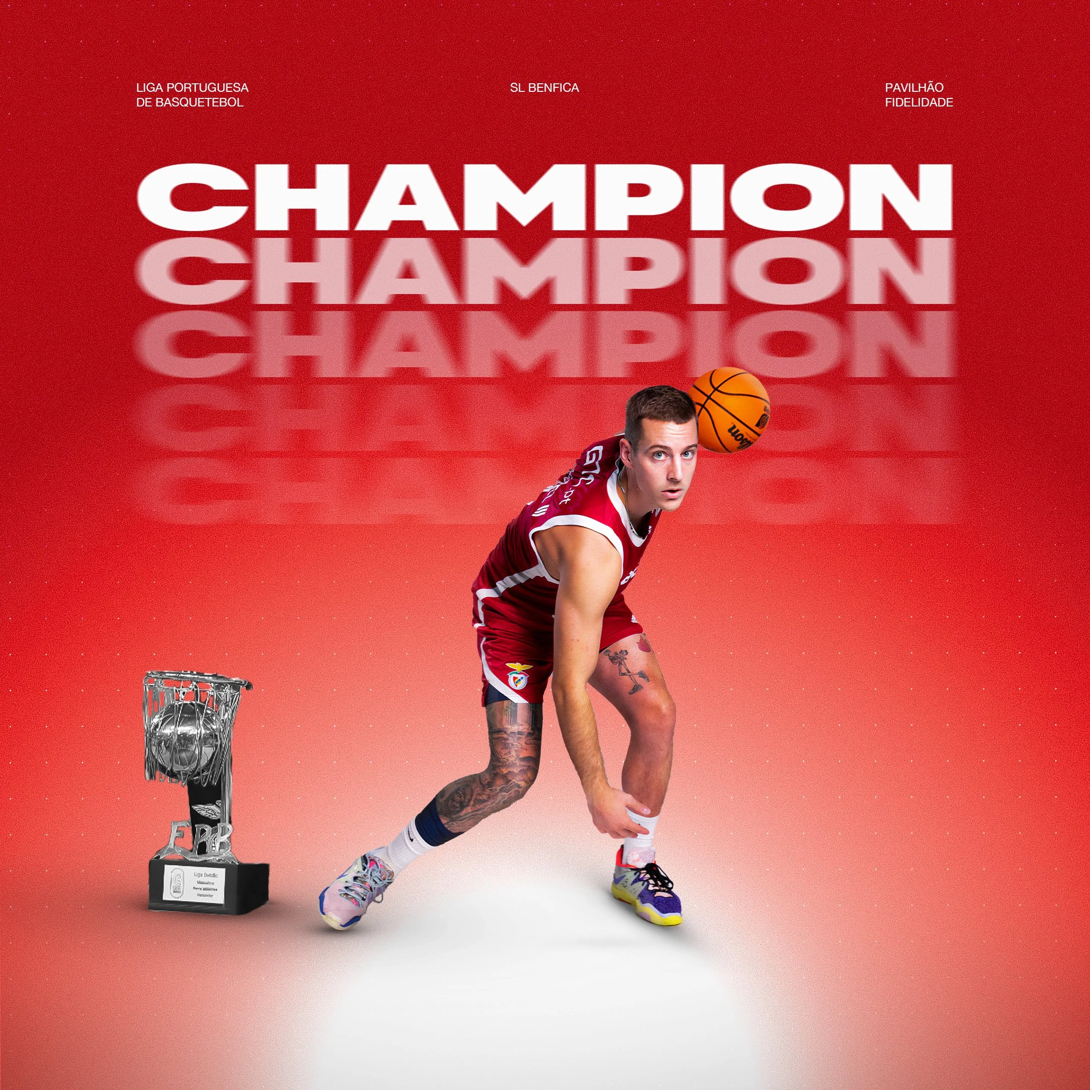 A basketball player in a red uniform is in a crouched position, with a basketball near his head. There is a trophy to the left with a basketball inside a net. The background is red with the words 'CHAMPION' repeated in a gradient.