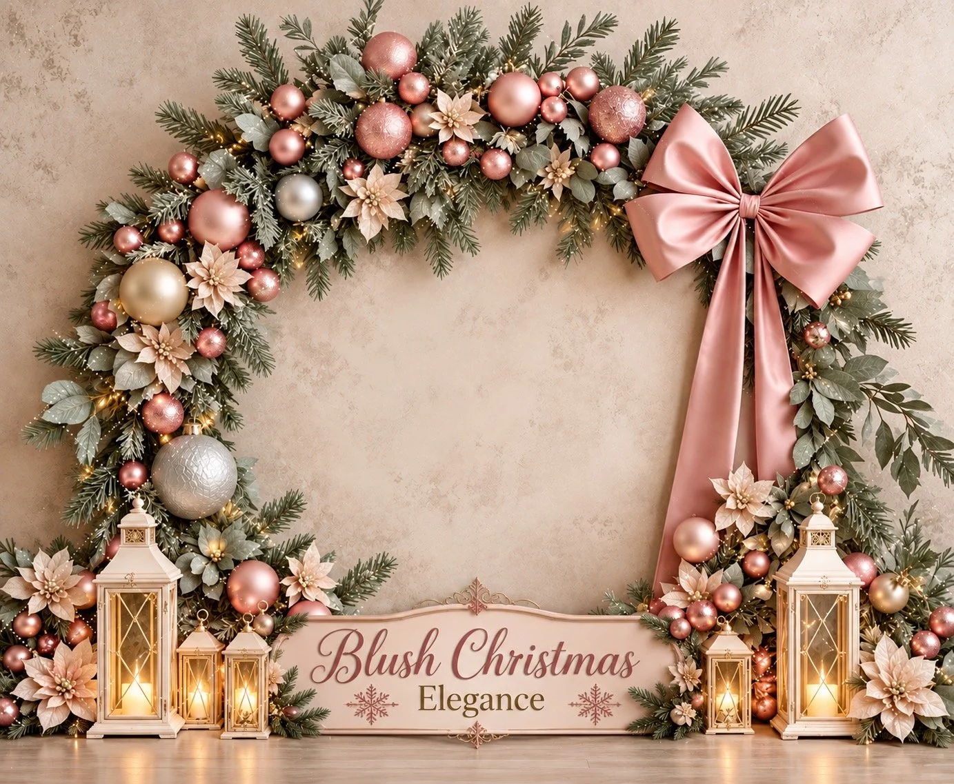 Blush Christmas Elegance backdrop with pink ornaments, greenery, bow and lanterns for holiday photo sessions in West Windsor NJ
