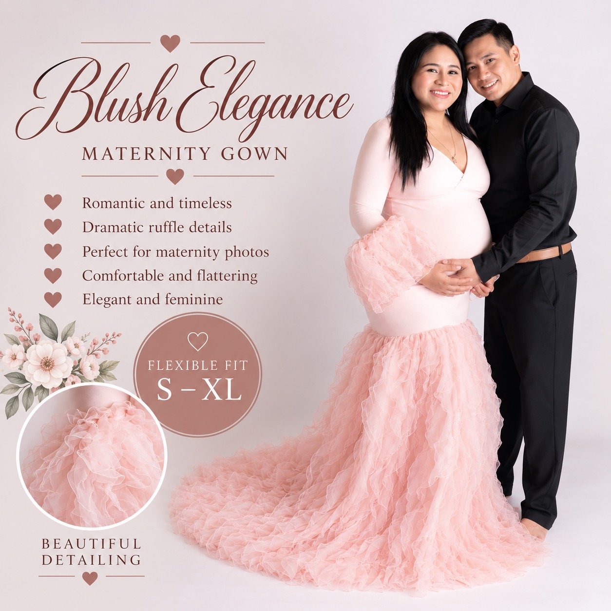 Pregnant mother wearing a blush pink ruffle maternity gown with flexible S–XL fit while posing with her partner during a studio maternity photography session in West Windsor, NJ.