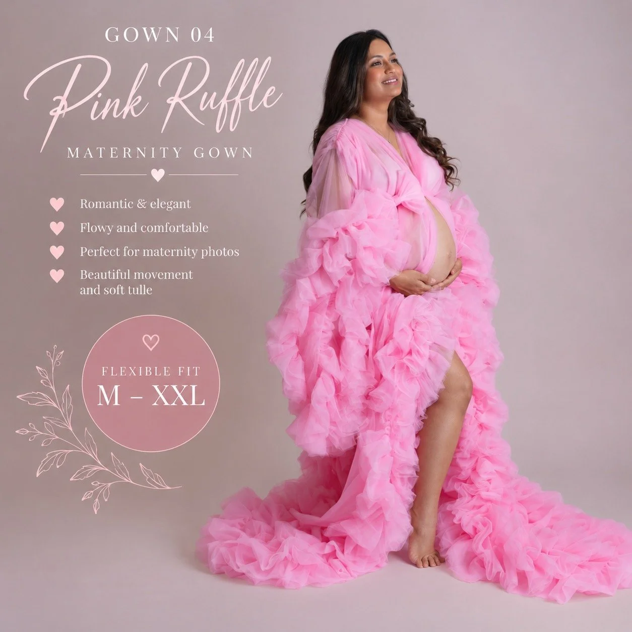 Pregnant mother wearing a pink ruffle maternity gown with flexible M–XXL fit during a studio maternity photography session in West Windsor, NJ.