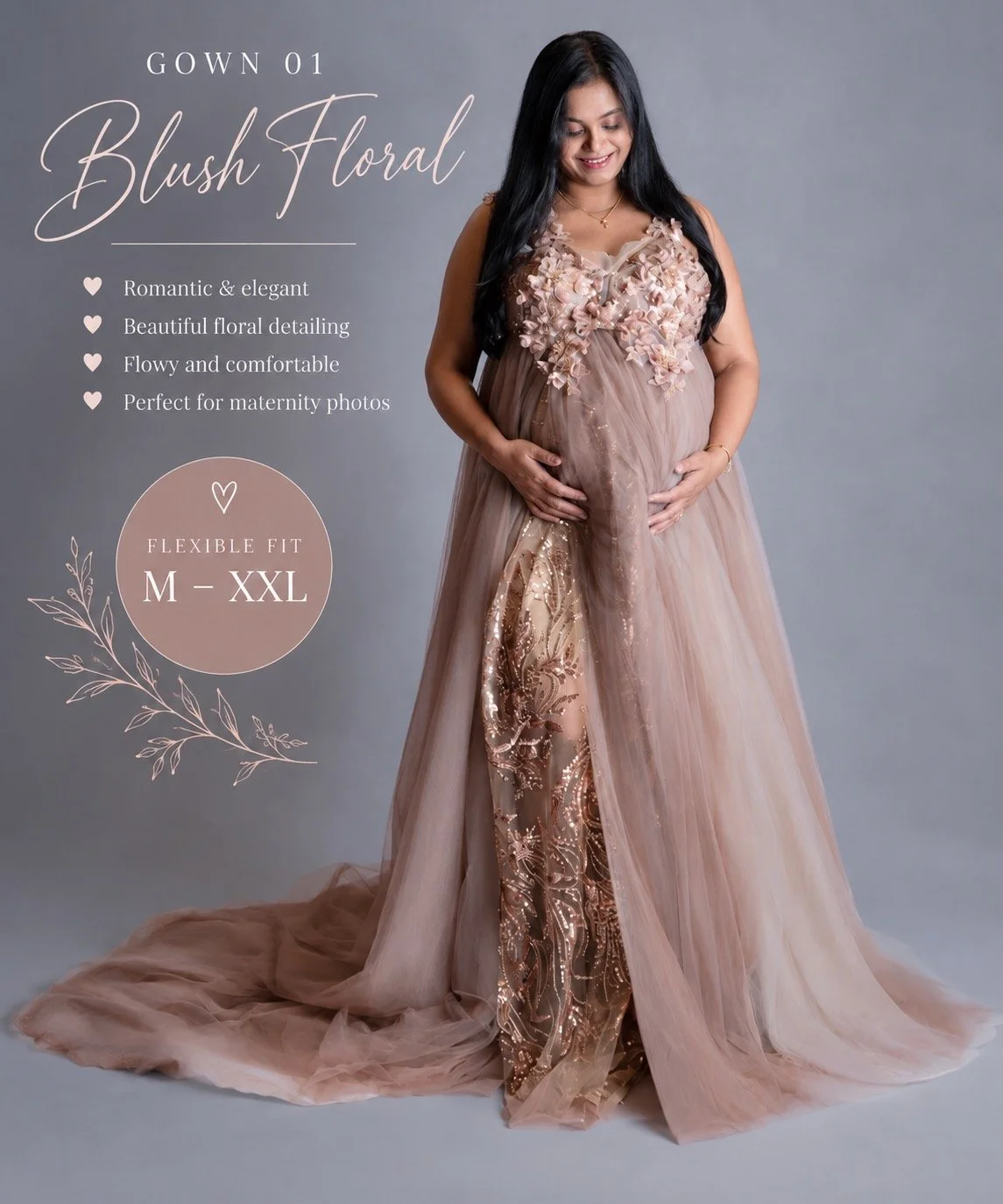 Pregnant mother wearing a blush floral maternity gown available in sizes M–XXL for studio maternity photography in West Windsor, NJ.