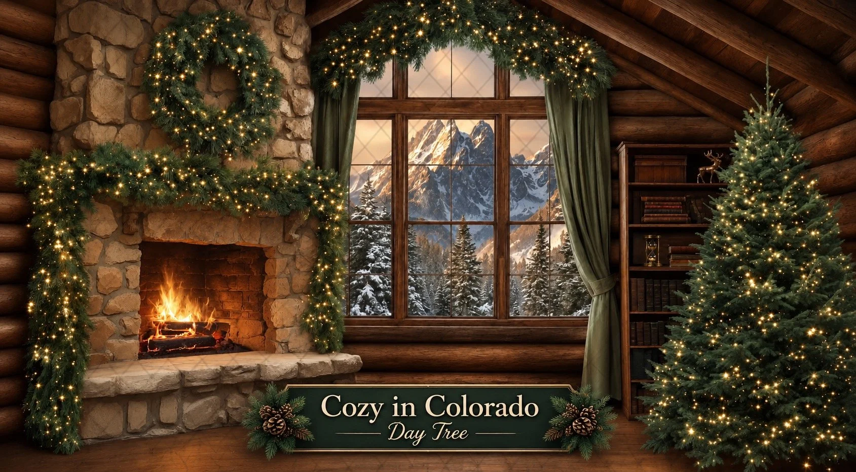 Cozy in Colorado Day Tree Christmas cabin backdrop with fireplace, mountain view and Christmas tree for holiday photo sessions in West Windsor NJ