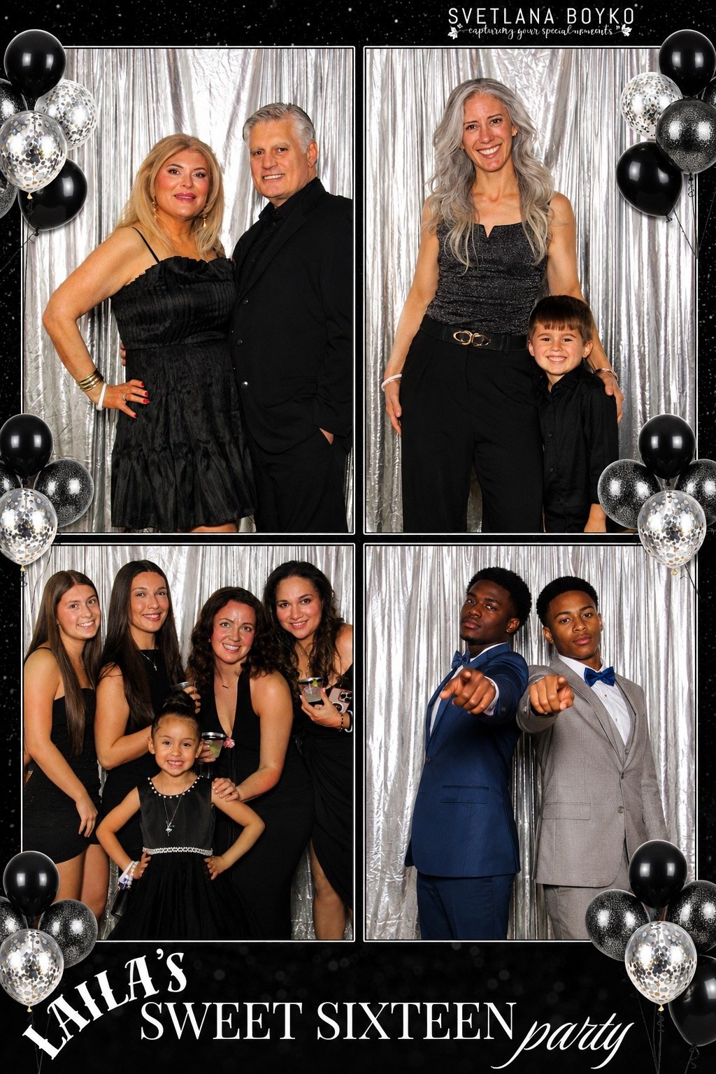 Sweet Sixteen photo booth collage with guests, black and silver balloons, and a silver backdrop by Svetlana Boyko Photography in New Jersey.