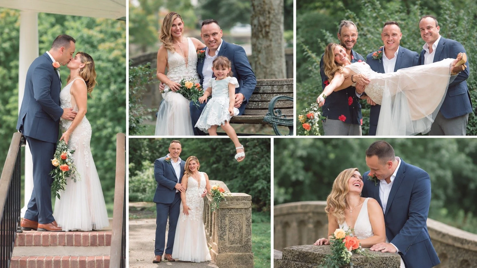Wedding photography collage featuring a bride, groom, family portraits and candid outdoor moments in Princeton, New Jersey.