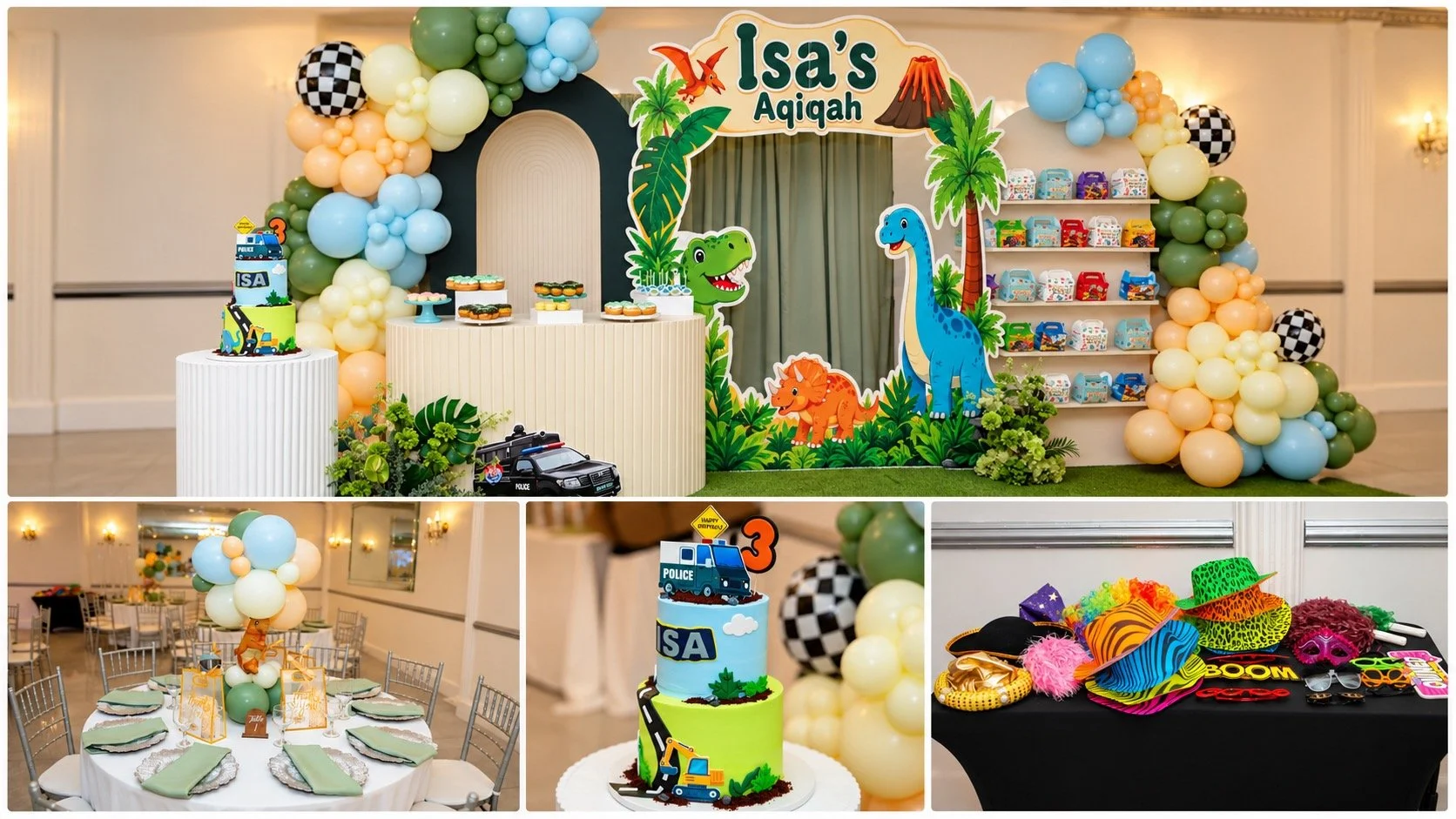 Birthday event photography collage featuring colorful party decor, table settings, cake and photo booth props at a New Jersey celebration