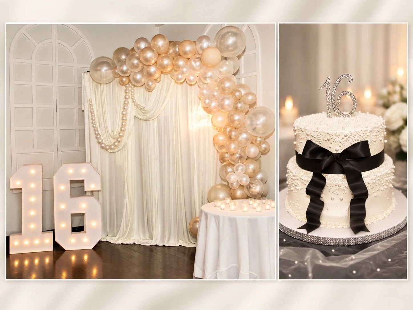 Sweet 16 event photography featuring an elegant pearl balloon backdrop, illuminated 16 numbers, and a white birthday cake with black bow details at a New Jersey celebration