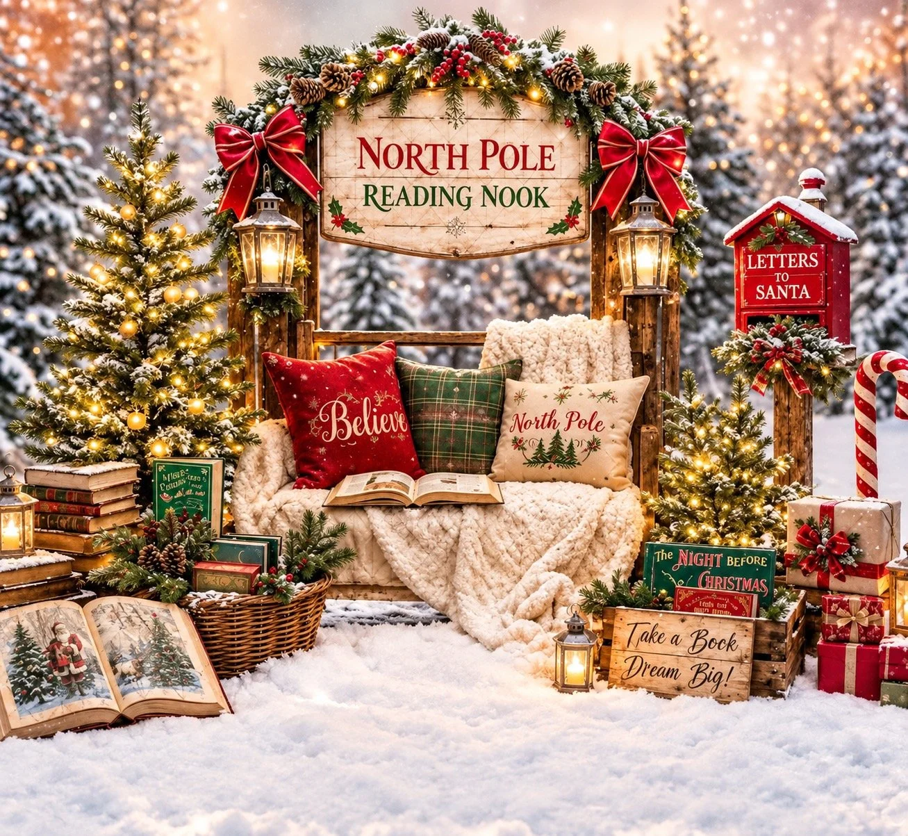 North Pole Reading Nook Sweep Christmas backdrop with holiday books, Christmas trees and Letters to Santa mailbox for holiday photo sessions in West Windsor NJ Image title: