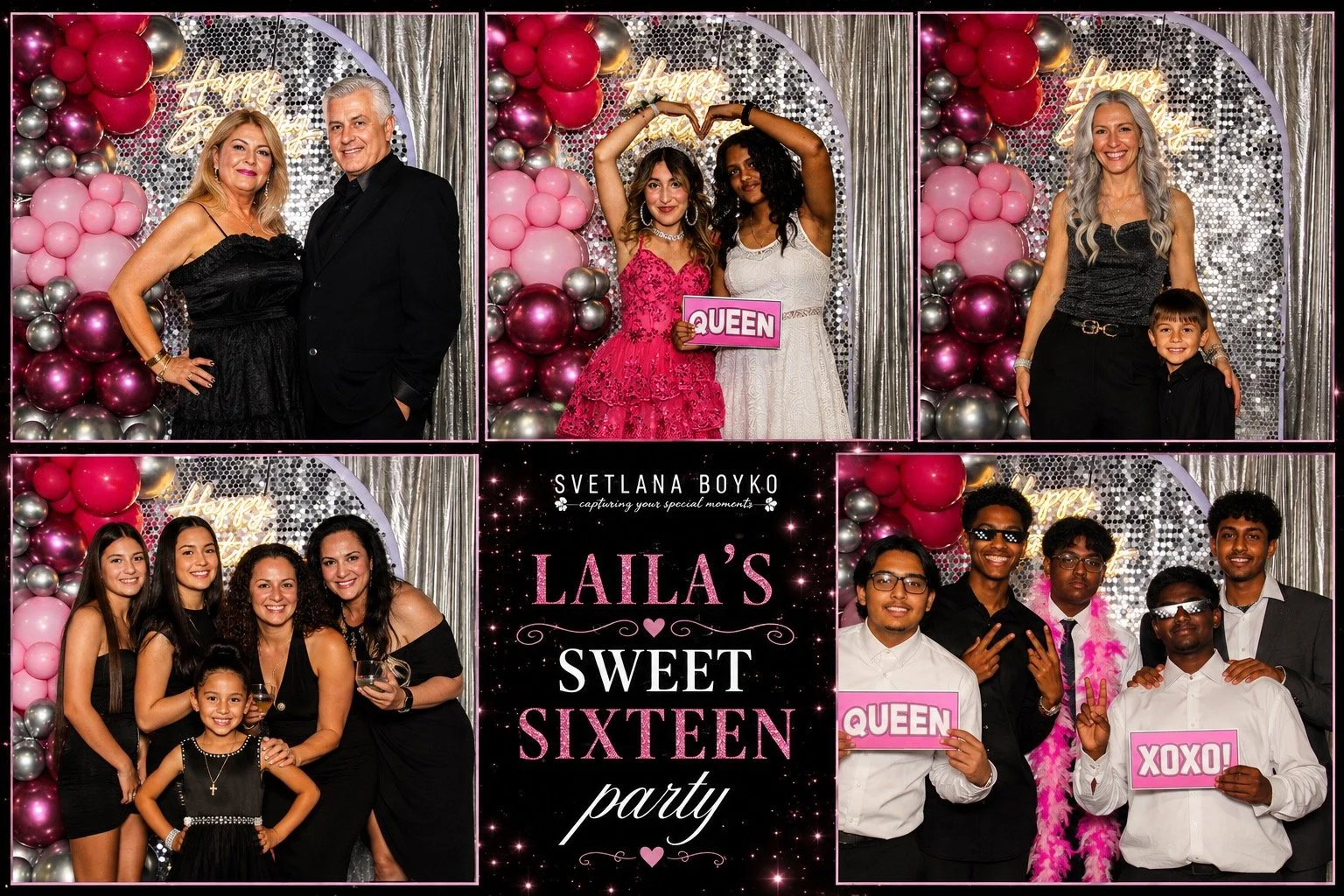 Laila’s Sweet Sixteen photo booth collage featuring guests posing with pink and silver balloons, a sparkling sequin backdrop, and fun party props at a Sweet 16 celebration.